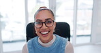 Face, business and happy woman in office laughing at a funny joke with confidence, career or smile. Humor, workplace or portrait of a worker or employee with eyewear, spectacles or glasses for vision