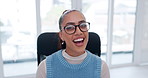 Online meeting, happy and face of woman in office for webinar, conversation or conference. Smile, video call and portrait of creative designer with virtual discussion for communication in workplace.