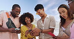 Phone, social media and friends on beach in summer together for communication, holiday or vacation. Smile, happy or laughing with group of young people at ocean or sea for app browsing and sharing