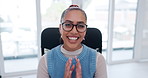 Virtual meeting, smile and face of woman in office for webinar, conversation or conference. Happy, video call and portrait of creative designer with online discussion for communication in workplace.