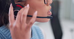Hand, headset and woman call center consultant in office for online ecommerce consultation. Mouth, talk and closeup of female telemarketing, technical support or customer service agent in workplace.