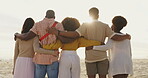 Friendship, group and sunset on beach for bonding, together and back with hug in nature. Summer, vacation or holiday with rear view on seaside in Los Angeles, connection and support at sunset 