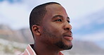 Face, black man and thinking in outdoor for holiday to relax or chill and reflect with travel trip in summer and memories in Atlanta. Closeup, male person and breathe with smile for fresh air 