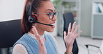 Call center, headset and woman customer service consultant in office for online ecommerce consultation. Crm, communication and technical support or telemarketing agent on technology in workplace.