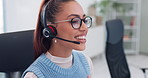 Telemarketing, headset and woman call center consultant in office for online ecommerce consultation. Crm, discussion and female technical support or customer service agent on technology in workplace.