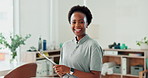 Black woman, clinic and happy as physiotherapist with clipboard for patient details, results and information. Portrait, female person and smile with checklist for schedule  and medical notes