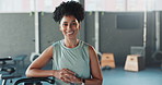 Woman, face and gym health for exercise workout with confident smile as trainer for performance, routine or commitment. Female person, portrait and challenge for cardio athlete, wellness or fitness