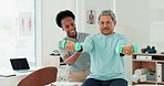 Weights, physiotherapy and senior man in clinic for consultation for muscle recovery. Injury, healthcare and woman physical therapist helping elderly patient with dumbbell equipment for arm exercise.