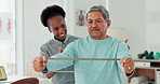 Resistance band, physical therapy and senior man in clinic for consultation with muscle recovery. Injury, healthcare and woman physiotherapist helping elderly male patient with stretch arm exercise.