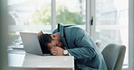 Tired, sleeping and business man on computer with deadline, report and bad time management at office desk. Exhausted worker, employee or lawyer reading on his laptop with burnout, fatigue and stress