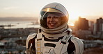 Space, suit and portrait of astronaut in city with smile, future dystopia and planet for discovery. Earth, aerospace mission and person in helmet on urban adventure for research, science and sci fi