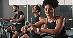 Break, fitness and portrait of woman at gym for exercise or training, health and wellness with sports. Group of people, friends and cycling bikes for workout with machine and active for cardio