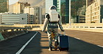 Space, travel and astronaut in city with vacation, future dystopia and discovery with luggage. Earth, aerospace mission and person in suit on urban adventure for research, science and sci fi universe
