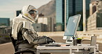 Astronaut, computer and city communication on earth for climate change research, email or downtown. Space traveler, pc and typing at urban street for planet crisis or global, future or technology