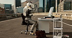 Angry astronaut, city and breaking computer with road for stress, anxiety or vandalism in an urban town. Frustrated space traveler, person or worker destroying laptop on desk or street in Cape Town