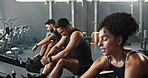 Workout, row class and male athlete in gym, exercise and portrait with smile. Fatigue, machine and high five for sports or Crossfit in health club, cardio or physical activity for strength and muscle