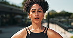 Woman, fitness and breathe in sportswear with morning walk or run for healthy living in New York. Portrait, female person and break for exercise or wellbeing in summer, hot weather and confident 
