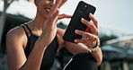 Hands, woman and smartphone outdoor for fitness app, communication and scroll social media for workout tips. Using phone on exercise break, sports blog with connectivity and happy with online chat