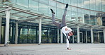 Street, dancing and happy business man in celebration for success or salesman winning outdoor. Excited professional, moving or energy for good news, portrait and goal achievement of promotion in city
