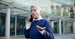 Business, phone call and senior woman in a city with serious discussion, explain or contact negotiation. Walking, talking and elderly female executive with smartphone conversation, control or b2b faq