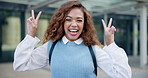 Woman, peace sign and tongue in street or happy as hipster, crazy or fashionable for vacation. Student, icon and lick with joy in city for travel, hands or shirt and blue jersey in urban or Canada