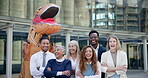Confident, people or corporate in team, building or company, mascot or dancing in city plaza. Group of businesspeople, arms crossed or happy at unity, collaboration or professional work ambition