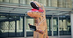 Costume, clipboard and city with inspection, urban office building and documents for work.Mascot, inflatable dinosaur and fun for entertainment, company culture and prank with funny business joke