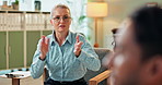 Therapist, woman and talking in sound therapy for psychology with chanting frequencies, healing or clapping. Psychologist, patient or consultation in counseling for help with mental health or anxiety