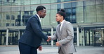 Handshake, welcome and business men in city meeting for partnership, collaboration or support. Contract, deal and people outdoor shaking hands, consulting or b2b networking, onboarding or negotiation