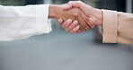 Closeup, handshake or partnership as business, contract or thank you in crm, meeting or interview. Businesspeople, shake hand or deal to support, teamwork or hiring of new staff as b2b company trust