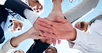Teamwork, sky or business people with hands in stack for mission goals, collaboration or community. Team building, low angle or happy employees in meeting with support, solidarity or group motivation