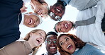 Happy, motivation or face of business people in huddle for teamwork, collaboration or community. Team building, low angle or employees laughing in meeting with mission, diversity or group support