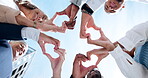 Love, support or business people with heart hands, care gesture or sky in community collaboration. Low angle, health or group of employees with teamwork, wellness symbol or thank you sign outdoors