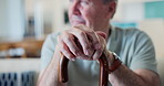 Old man, walking stick and thinking of remember in retirement with arthritis, person with a disability or memory. Mobility aid, cane and sad thoughts in recovery for elderly grief, senior or decision