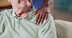 Old man, nurse and hand support for healthcare consultation or diagnosis fear, comfort or empathy. Elderly person, caregiver and sympathy hope for illness anxiety or helping, insurance or service