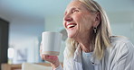 Senior woman, coffee and thinking on sofa with smell, aroma and smile for memory in living room. Mature person, happy and relax on lounge couch with tea cup, latte or drink for morning in retirement