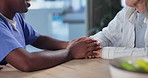 Trust, empathy or nurse and senior woman holding hands in retirement home for assisted living, comfort or help. Kindness, support and homecare worker with old patient for assurance, talking or advice