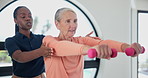 Old woman, physiotherapy and dumbbell arms exercise for rehabilitation or mobility consultation, recovery or joint pain. Elderly person, assessment and muscle injury or wellness, progress or support