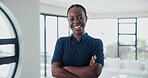 Portrait, woman and smile of confident physiotherapist for wellness, health or service in South Africa. Face, arms crossed and happy physical therapist, employee or female person laughing in clinic