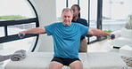 Stretching, doctor and man for physiotherapy with dumbbells for wellness, fitness and workout for health. Physiotherapist, medical worker or patient for healthcare in hospital, clinic or nursing home