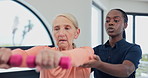 Old woman, physiotherapy and dumbbell fitness for rehabilitation or arm mobility consultation, recovery or joint pain. Elderly person, assessment and muscle injury for wellness, progress or support