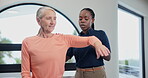 Old woman, arm and stretching for support in physiotherapy, rehabilitation and arthritis with physical therapy. Chiropractor, physio and patient with muscle injury or tendinitis, ache and healing.