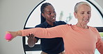 Old woman, physiotherapy and dumbbell exercise for rehabilitation for mobility consultation, recovery or joint pain. Elderly person, assessment and muscle injury or wellness, healthcare or progress