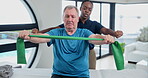 Stretching band, nurse and man with physiotherapy for fitness, exercise and workout for health. Physiotherapist, medical worker and patient for healthcare at hospital, clinic and wellness center