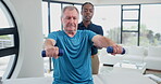 Dumbbells, doctor and man with physiotherapy for fitness, exercise and workout for health. Physiotherapist, medical worker and senior patient for healthcare at hospital, clinic and wellness center