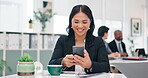 Office, smile and businesswoman with smartphone by desk for conversation, online research or network. Administration, Asian employee and scroll on technology with connectivity, email or feedback