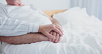 Hospital, bed and hands for senior couple, support and empathy in healthcare. Love, care and trust for married people for sickness diagnose, caregiver and comfort for medical help with compassion
