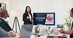 Asian woman, screen or presentation for business people in meeting, workshop and discussion in training. Teaching, talking or speaker in seminar for vision or idea for future growth at conference