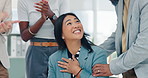 Clapping hands, happy and business people in office with achievement, good news or promotion. Celebration, pride and professional Asian woman winner with team for applause and cheering in workplace.