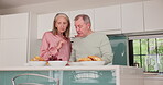 Mature couple, kitchen and food for diet, discussion and wellness for retirement health. Senior woman, man and croissant or muffin with fruit for breakfast, nutrition and elderly care or support